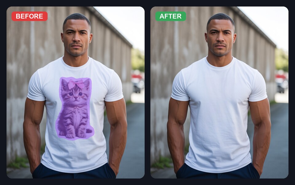 Before and after: remove a cat logo from a T-shirt