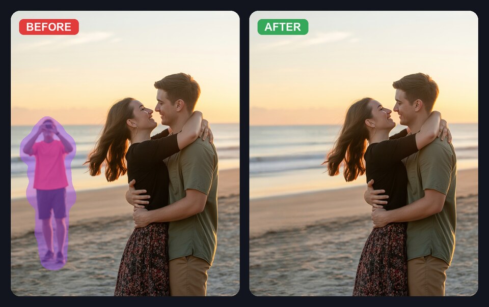 Before and after: remove a photobomber from a beach photo